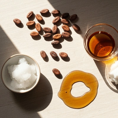 Assortment of vegan chocolate ingredients like cacao beans, coconut oil, and maple syrup