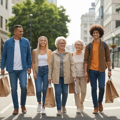 Diverse group of people holding shopping bags with eco-friendly logos, smiling, walking in a clean urban environment, bright natural light, no text, no words, no typography