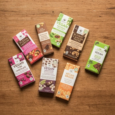 Assortment of various vegan chocolate bars with different packaging and ingredients, arranged artfully on a rustic wooden table
