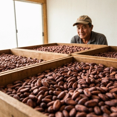 Close-up of freshly harvested cacao beans undergoing fermentation in wooden boxes, with a farmer observing in the background, clean image