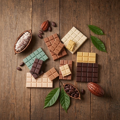 Assortment of colorful vegan chocolate bars on a rustic wooden table with fresh cocoa beans and leaves, natural lighting, product photography