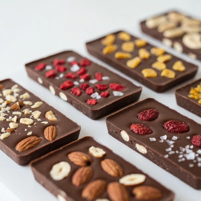 Close-up of various vegan chocolate bars with different textures and toppings