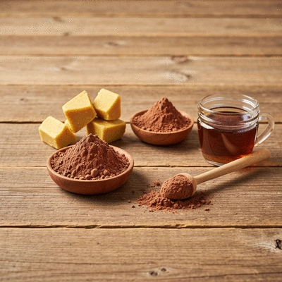 Assortment of vegan chocolate ingredients like cacao butter, cocoa powder, and maple syrup on a rustic wooden table