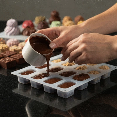 A person carefully pouring melted raw vegan chocolate into molds, with various finished chocolates in the background