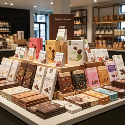 A variety of vegan chocolate bars and products displayed in a modern, well-lit market setting