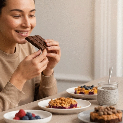 Person enjoying a piece of homemade vegan chocolate, with other healthy vegan desserts blurred in the background