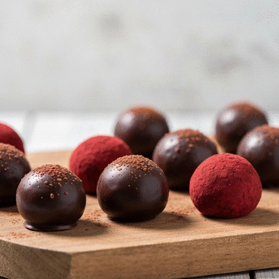 Assortment of homemade vegan chocolate truffles on a rustic wooden board