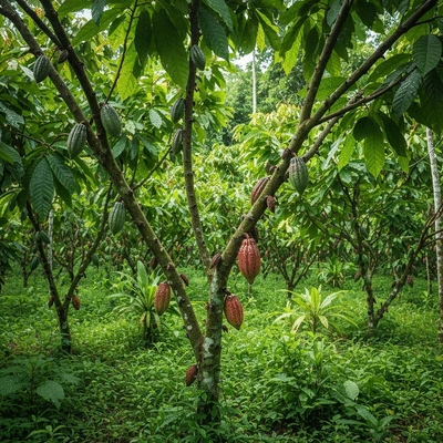 Cacao pods growing on a tree in a lush, green agroforestry farm, illustrating sustainable farming practices with indigenous plants around