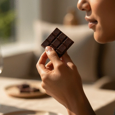 Person tasting a piece of vegan dark chocolate, focus on the chocolate and hand, elegant setting, natural lighting, clean image, no text, no words, no typography