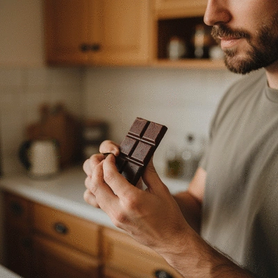 Close-up of a person breaking a piece of dark vegan chocolate, showing texture and rich color, with a blurred background of a cozy kitchen, natural lighting, lifestyle photography