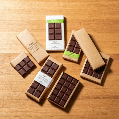 Assortment of vegan chocolate bars in eco-friendly packaging