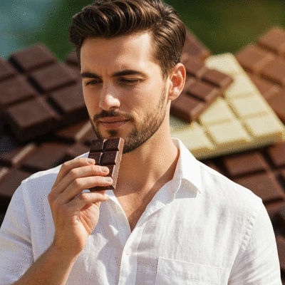 Person holding a piece of vegan chocolate, about to taste it, with other chocolate varieties blurred in the background, a focus on the sensory experience, natural lighting, no text, no words, no typography, clean image
