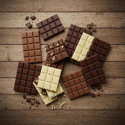 Vegan chocolate bars in various flavors and shapes, arranged aesthetically on a rustic wooden background, natural lighting, no text, no words, no typography, clean image