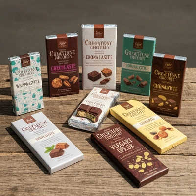 Assortment of artisan vegan chocolate bars on a rustic wooden background