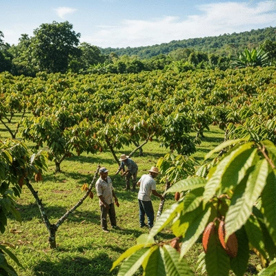 Sustainable cocoa farm with healthy plants and farmers working, bright natural light, no text, no words, no typography
