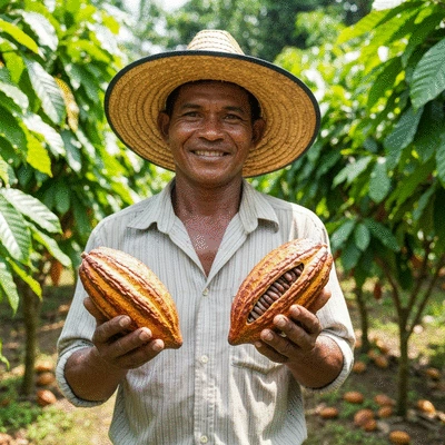 Cocoa farmer smiling while harvesting cocoa pods, representing ethical labor practices
