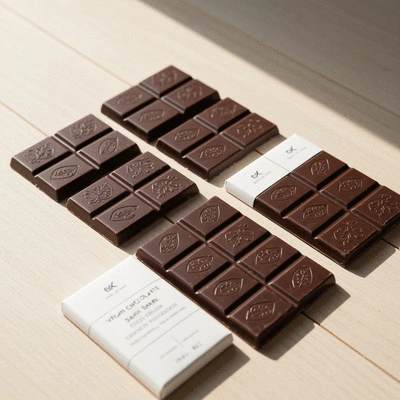 Assortment of vegan dark chocolate bars with clean packaging on a wooden surface