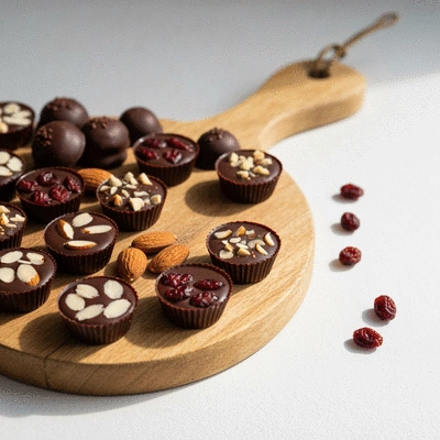 Assortment of homemade vegan dark chocolates with nuts and dried fruits on a wooden board